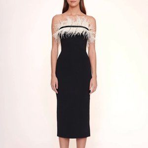 STAUD Nellie feather-trimmed stretch-cady midi dress, size XL, black and white